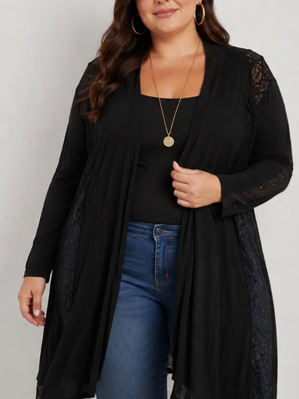 JSP Woman 2X Black Lace Open Front Long Cardigan Duster Plus Size